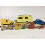 Dinky toys, #560 Citroen 2CV postal van, #117 Four birth caravan and #183 Morris Mini Minor, boxed