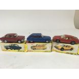 Dinky toys, #1410 Moskvitch, #166 Renault R16 and #1411 Alpine Renault A310, boxed
