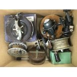 A box of vintage fishing reels.