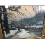 A gilt framed painting claud Honore Hugrel winter
