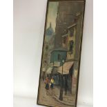 A framed oil painting study of a paris street scen