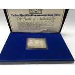 Silver jubilee ingot 73.2g, 10p stamp. Cased.