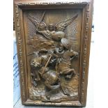 A carved wooden panel depicting crusaders on horse