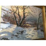 A large gilt framed painting winter land scape sig