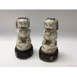 A pair of early 20th carved ivory temple dogs on c