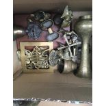 A collection of wooden boxes a brass ware various.