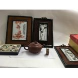 Three Chinese framed modern plaques, marble specim