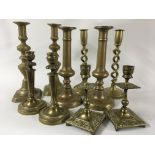 Five pairs of Victorian brass candlesticks includi