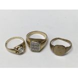 3 gents 9ct and stone set rings. (12.5g).