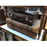 3 vintage leather bound luggage cases