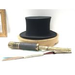 A Vintage folding top hat a telescope and two sign