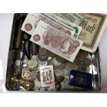 A box of British and world coins inc banknotes etc