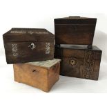 Three wooden tea caddies and musical box.