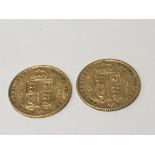 Two gold half sovereigns shield backs dated both d