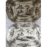 Two large Oriental platters depicting exterior sce