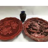 Two cinnabar dishes and a small vase .