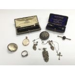 Two cased stick pins, various brooches, a ring and