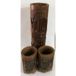 3 Carved Chinese bamboo brush pots - NO RESERVE