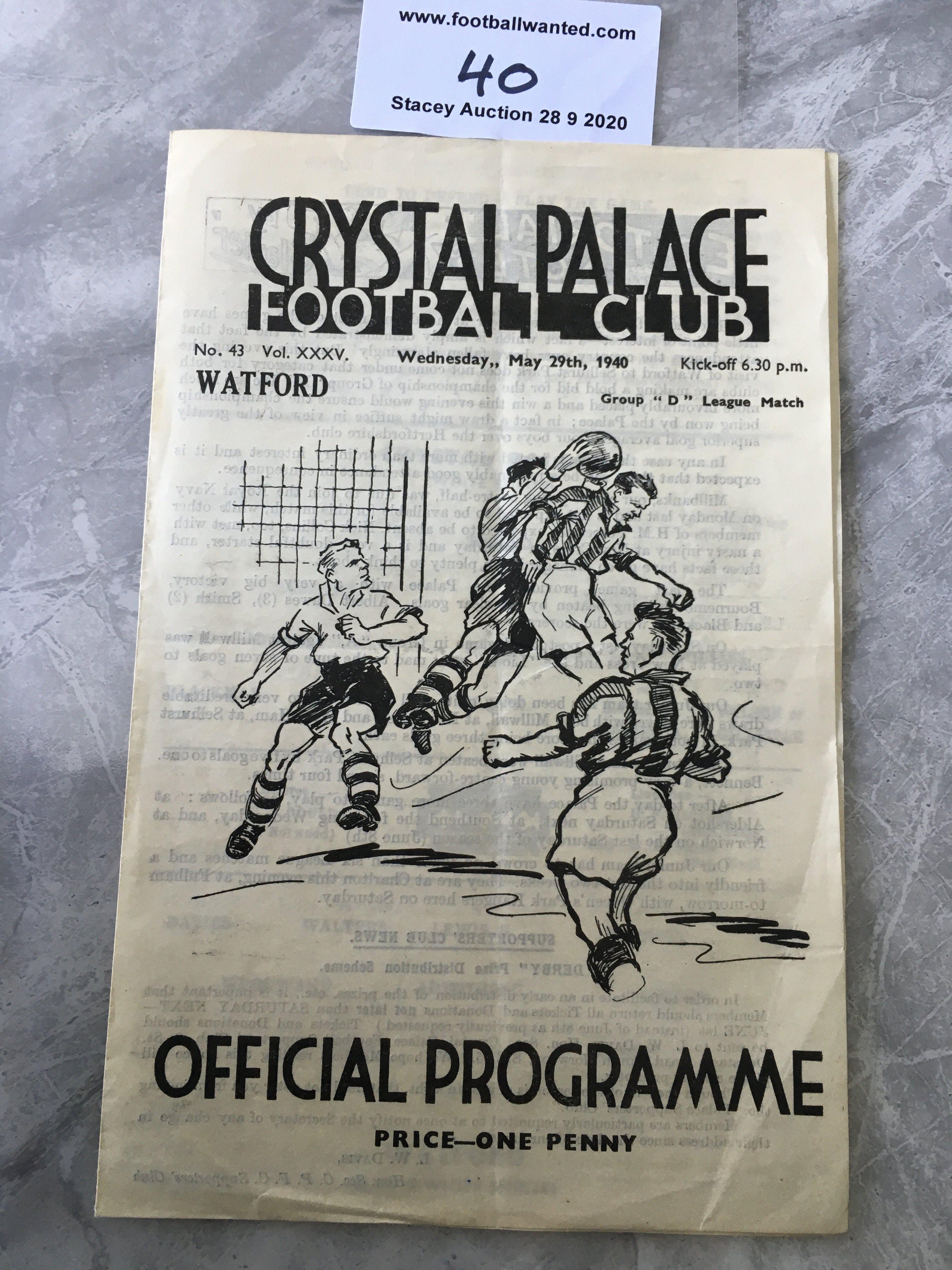 39/40 Crystal Palace v Watford Football Programme: