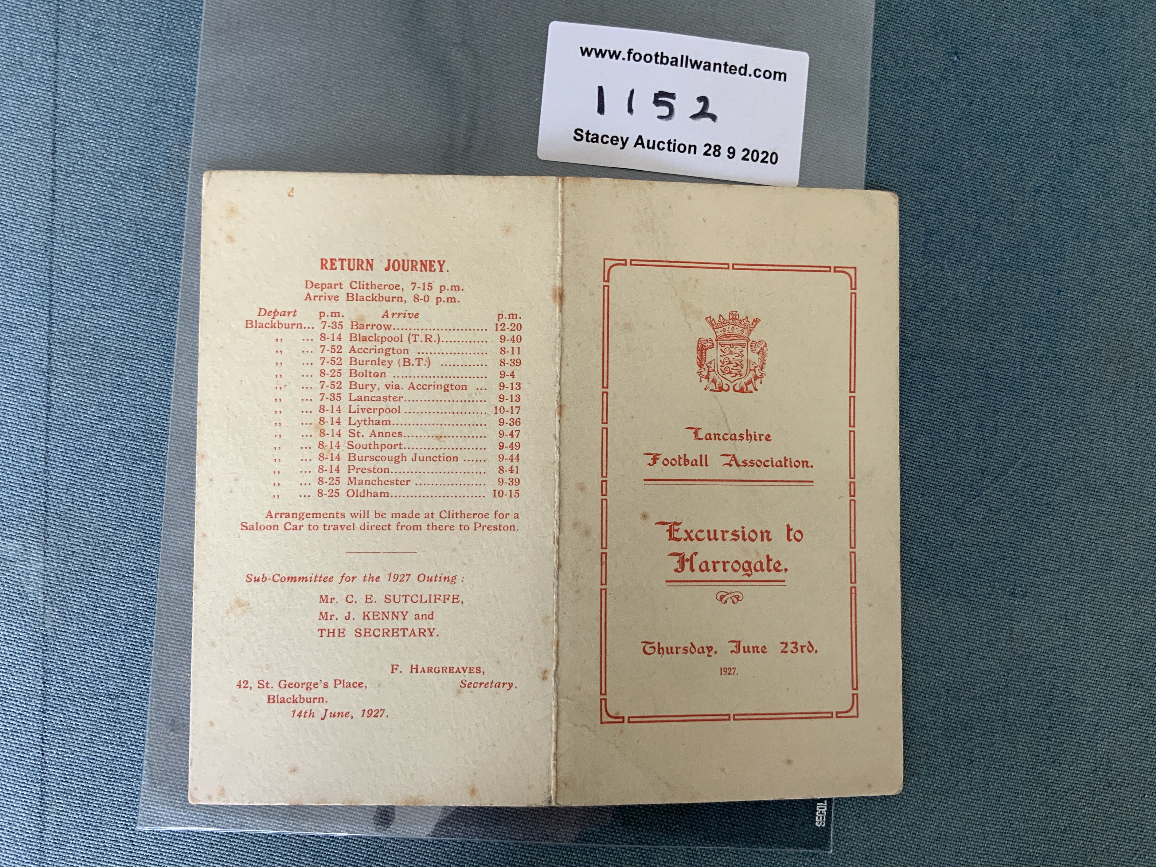 1927 Lancashire Football Association Itinerary: Ex