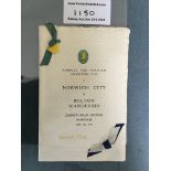 1949 Norwich City v Bolton Wanderers Football Menu