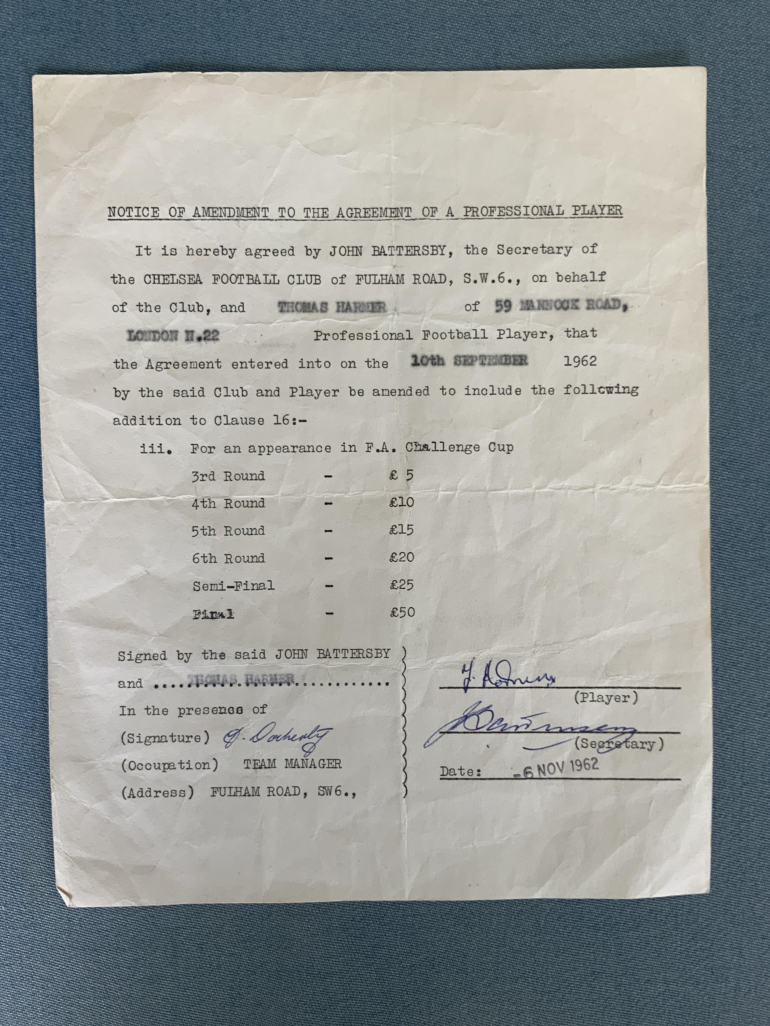 Tommy Harmer Chelsea 62/63 Football Contract: Amen - Image 2 of 2