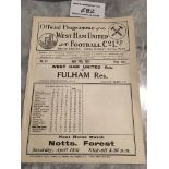 32/33 West Ham Reserves v Fulham Football Programm
