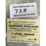 1955 Denmark v England Football Ticket: Very good