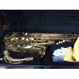 A cased Fortissimo saxophone.
