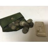 An American one Troy Ounce silver ingot and a collection of Edwardian Vll and George V silver 3d (