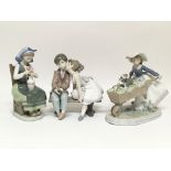 Three more Lladró figures, consisting of a girl pushing a wheelbarrow of flowers, a boy and girl