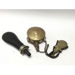 Old round brass power flask, unusual heavy brass powder flask with strap and a Hawksley flask