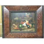 A framed oil painting on board depicting chickens in a barn interior Indistinctly signed.