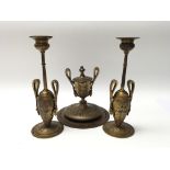 Unusual Victorian gilt engraved inkwell and matching candlesticks inlaid with red and blue glass