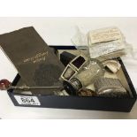 A collection of oddments a cased silver thimble lacquer boxes and cigarette cards etc