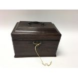 Good small Georgian mahogany box with brass handle and escutcheon and original key and with secret