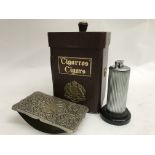 A table lighter in the form of a column, a leather military cigar box and an inkwell blotter