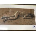 Two framed chalk pastel pictures of nude maidens