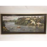A Nancy Bailey oil on canvas of boats on a river, approx 110cm x 49cm.