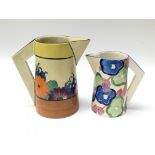 Two Clarice Cliff Bizarre jugs in Gayday pattern and one other