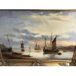 A gilt framed oil on canvas depicting continental harbour view . Signed wheeler . 70 by 50 cm .