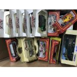 A box of various toy cars including Corgi Classic vehicles and Corgi Cameo cars