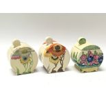 Three re-painted Clarice Cliff honey pots, two Rhodanthe pattern and one Bizarre of Spring flowers