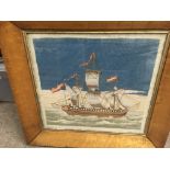 A Maple framed Victorian wool picture depicting a three mast sailing ship . Frame 50 cm by 46 cm .