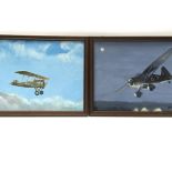 A pair of oil paintings on board, depicting a Lancaster and a Sopwith Camel plane, signed Alex