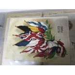 An album of cigarette cards including Golf, Film Stars, Shipping, and Large Silks