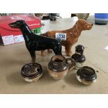 2 Berwick dog figures plus 4 Doulton stoneware cruet items.