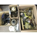 Three boxes of various metal items including brass kettles, two folding cameras - an Ensign Selfix