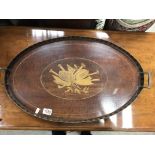 An Edwardian marquetry tea tray with galleried edge and brass handles, plus an additional later