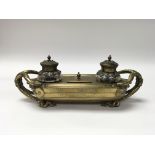 Good heavy brass Victorian desk piece with two brass and glass inkwells